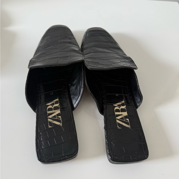 ZARA Black Croc Embossed Leather Mule Loafers Square Toe Slides Size 37 - Picture 2 of 6